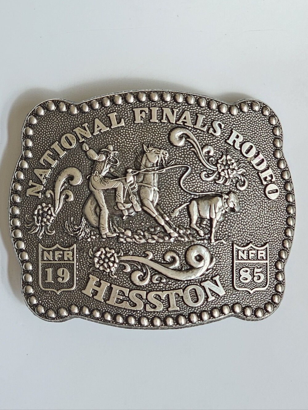 Vintage 1985 Hesston Belt buckle National Finals Rodeo Fred Fellows Design